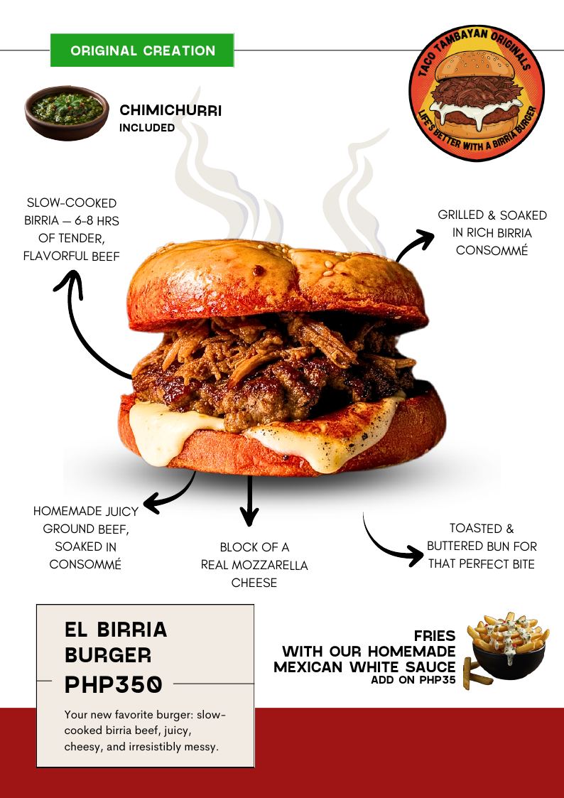 Taco Tambayan 2026 menu: El Birria Burger